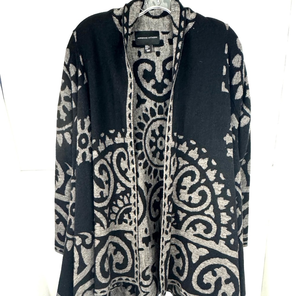 Adrienne Vittadini Vintage Boho Open Front Cardigan Black and Gray Size Medium